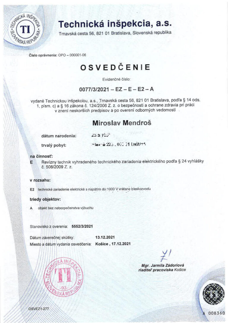 osvedčenie Miroslav Mendroš